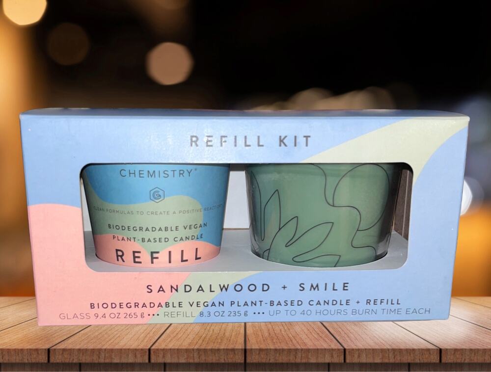 NIB! Good ChemistrySandalwood + Smile Biodegradable Candle + Candle Refill